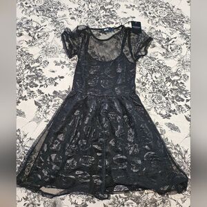 Dolls Kill Retired Iron Fist Black Layered Mesh Dress with Skulls
